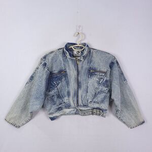 Tiger Fox Jacket Womens M Denim Acid Wash Full Zip Cropped Full Zip Y2K 90s VTG